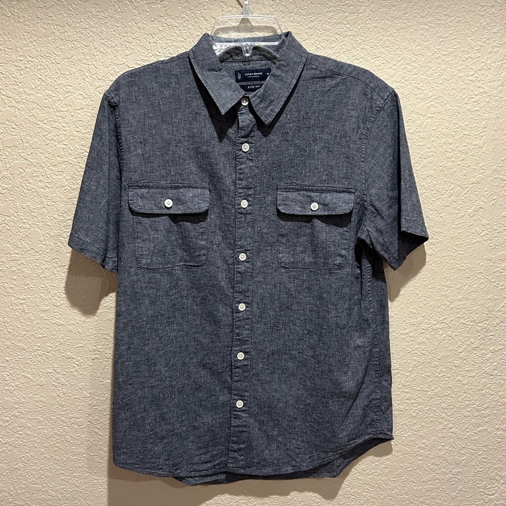 Lucky Brand Slim Fit Gray Short Sleeve Button Down Shirt - Size M